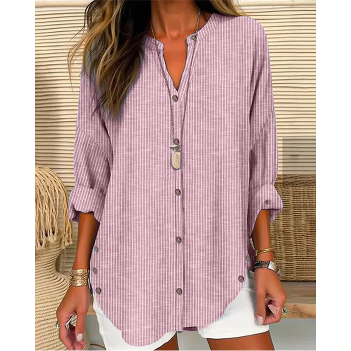 Damen Oversize Leinenlook Tunika Bluse mit Stehkragen und Knopfleiste – Élovi