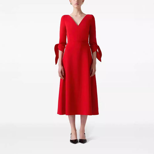 Damen Tailliertes Midikleid mit V-Ausschnitt und Schleifenmanschetten Echoarchiv