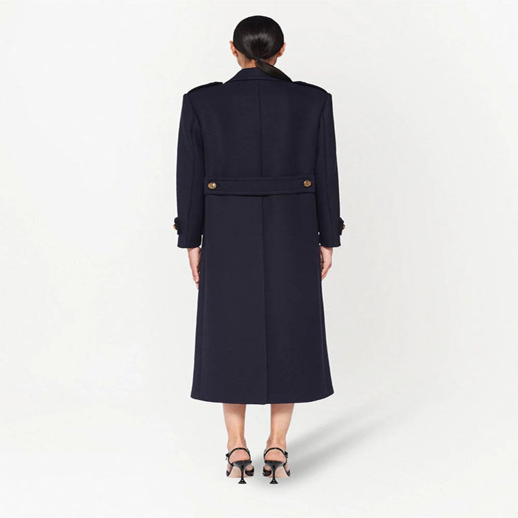 Damen Doppelreihiger militärinspirierter Maxi‑Wollmantel mit Epauletten und Zierriegeln Echoarchiv