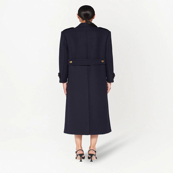 Damen Doppelreihiger militärinspirierter Maxi‑Wollmantel mit Epauletten und Zierriegeln Echoarchiv