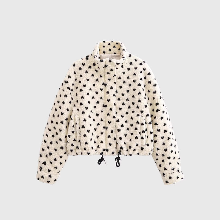 Damen Kurze Teddyjacke aus Sherpa‑Fleece mit Herzchenprint und Tunnelzug Echoarchiv