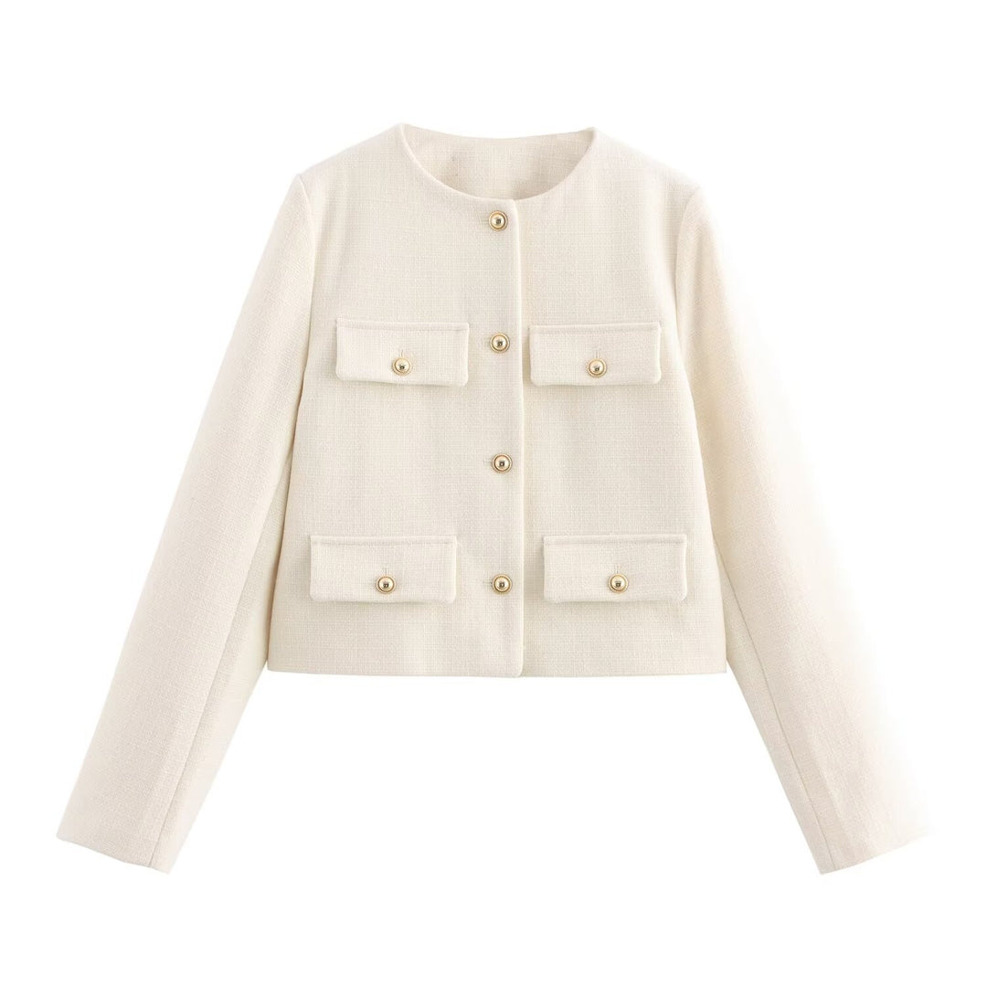 Damen Kurze Bouclé-Blazerjacke mit Rundhalsausschnitt, Zierleistentaschen und goldfarbenen Knöpfen Echo Archiv