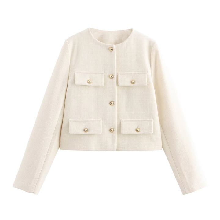 Damen Kurze Bouclé-Blazerjacke mit Rundhalsausschnitt, Zierleistentaschen und goldfarbenen Knöpfen Echo Archiv