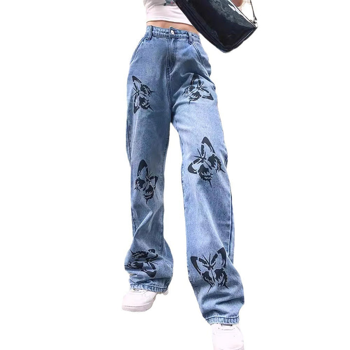 Damen nan weite High-Waist-Jeans mit Gothic-Schmetterlingsprint und entspanntem Straight-Leg Echo Archiv