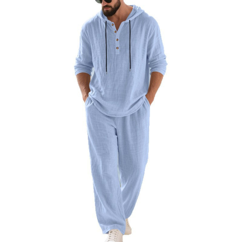 Herren nan lässiges Leinenzweiteiler-Set mit Kapuzenhemd im Henley-Stil und weiten Freizeit-Hosen Echo Archiv