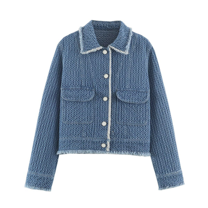 Damen Kurz geschnittene Bouclé-Tweed-Boxy-Jacke mit Fransenbesatz und aufgesetzten Klappentaschen Echo Archiv