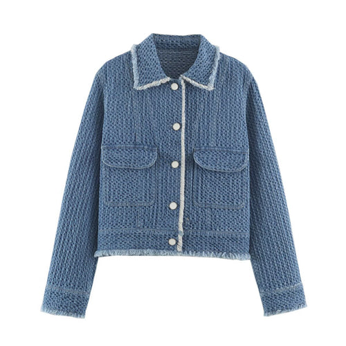 Damen Kurz geschnittene Bouclé-Tweed-Boxy-Jacke mit Fransenbesatz und aufgesetzten Klappentaschen Echo Archiv