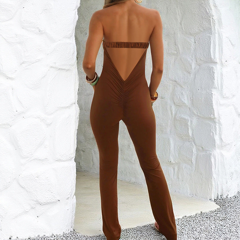 Damen eleganter schulterfreier Jumpsuit mit tiefem Schlüssel-Ausschnitt und figurbetontem Schnitt Echo Archiv