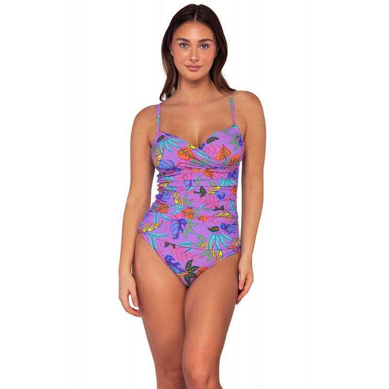 Damen Einteiliger Badeanzug mit floralem Wickeldesign und verstellbaren Trägern Echo Archiv