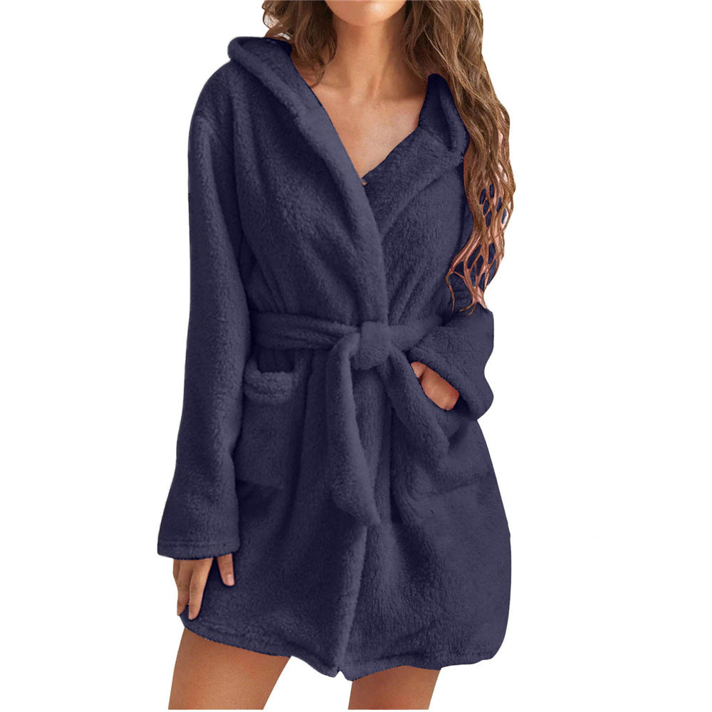 Damen Fleece Bademantel mit Kapuze und Gürtel Echoarchiv