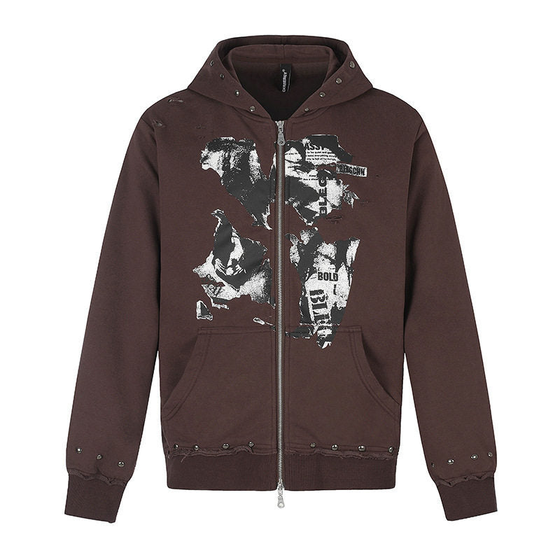 Damen Kapuzen-Sweatjacke mit zweiseitigem Reißverschluss, ausgefranstem Saum, Nietenbesatz und Collage-Print Echoarchiv