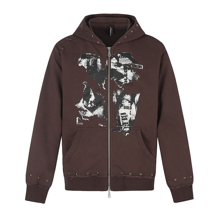 Damen Kapuzen-Sweatjacke mit zweiseitigem Reißverschluss, ausgefranstem Saum, Nietenbesatz und Collage-Print Echoarchiv