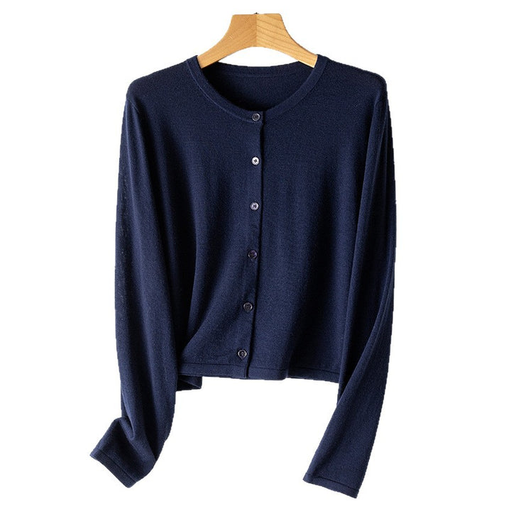 Damen leichte kurz geschnittene Feinstrick-Cardigan mit Rundhalsausschnitt und Knopfleiste Echoarchiv