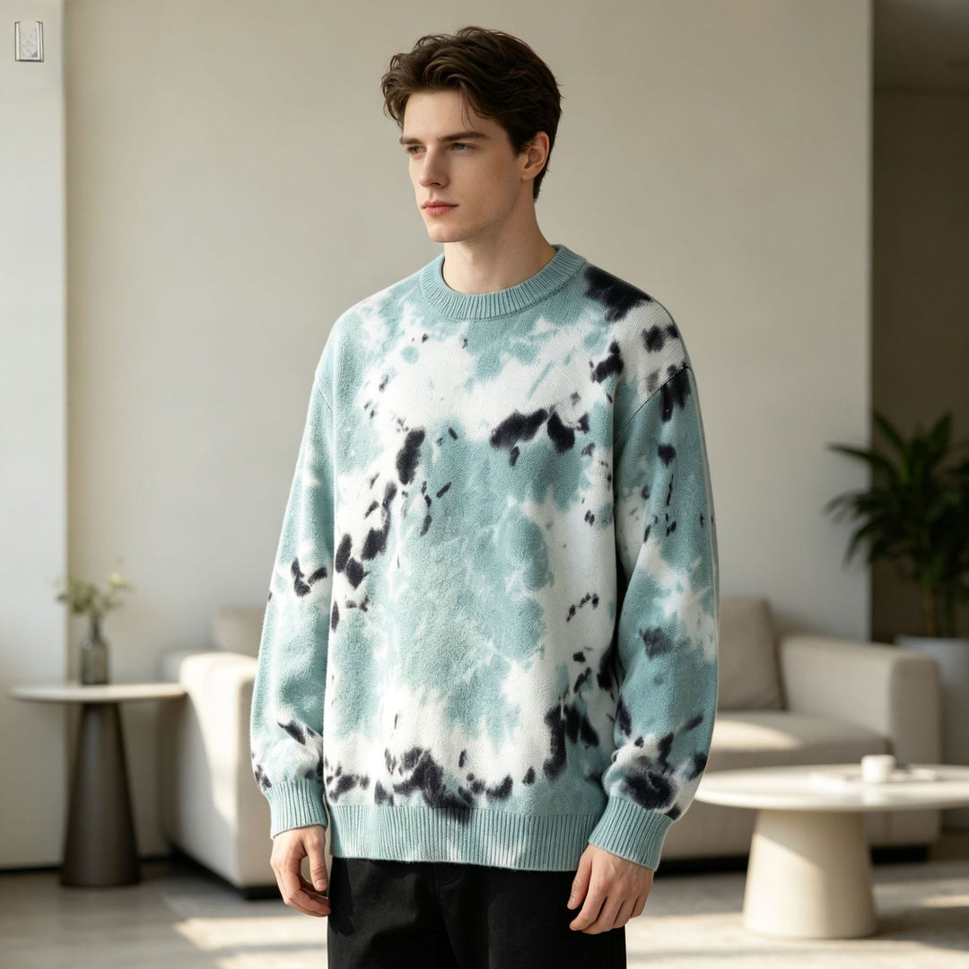 Herren Oversized Batik-Pullover mit Rundhalsausschnitt und Rippbündchen Echoarchiv
