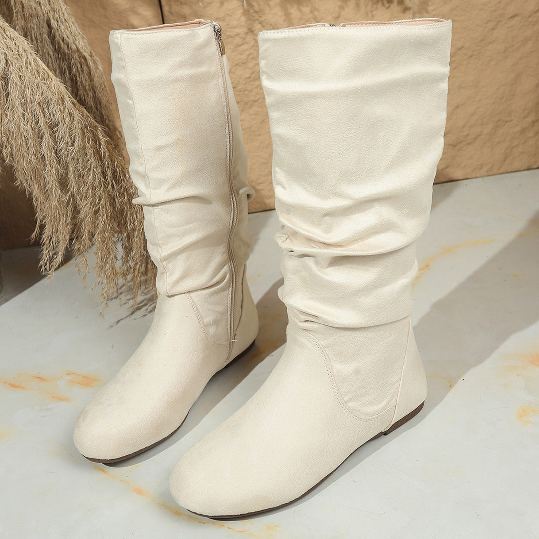 Damen Kniehohe Slouch-Stiefel aus Veloursimitat mit Innenseiten-Reißverschluss und flacher Komfortsohle Echo Archiv