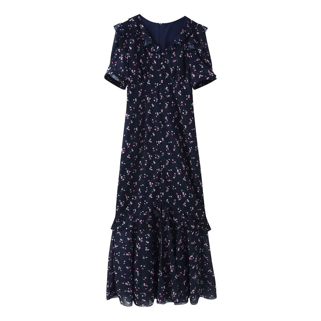 Damen Maxikleid mit Volants, V-Ausschnitt und floralem Chiffon-Look Echoarchiv
