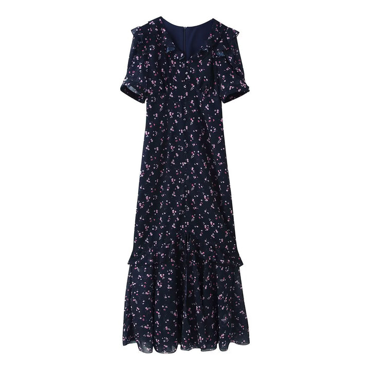 Damen Maxikleid mit Volants, V-Ausschnitt und floralem Chiffon-Look Echoarchiv