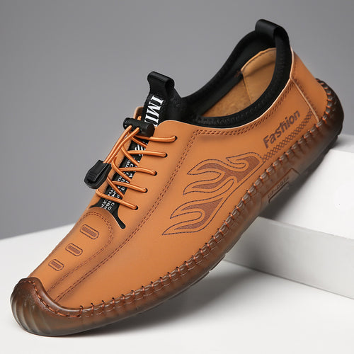 Herren Casual-Mokassin-Sneaker mit elastischer Schnellzug-Schnürung, gesticktem Flammenmotiv und genähter Gummilaufsohle Echoarhiv