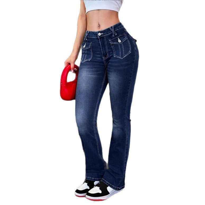 Damen Hochtaillierte Stretch-Jeans mit leichtem Flare und dekorativen Taschen Echo Archiv