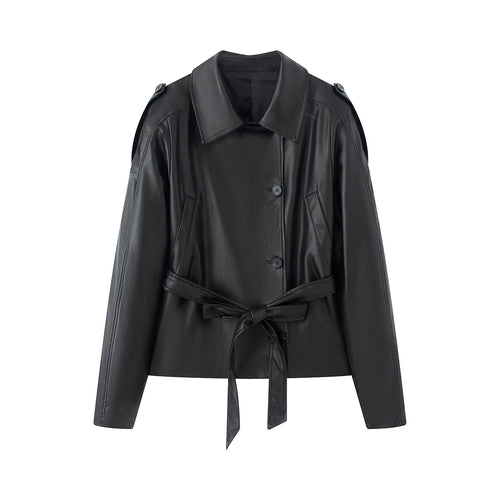Damen nan kurz geschnittene Trench-Optik Kunstlederjacke mit Bindegürtel und Schulterpatten Echo Archiv