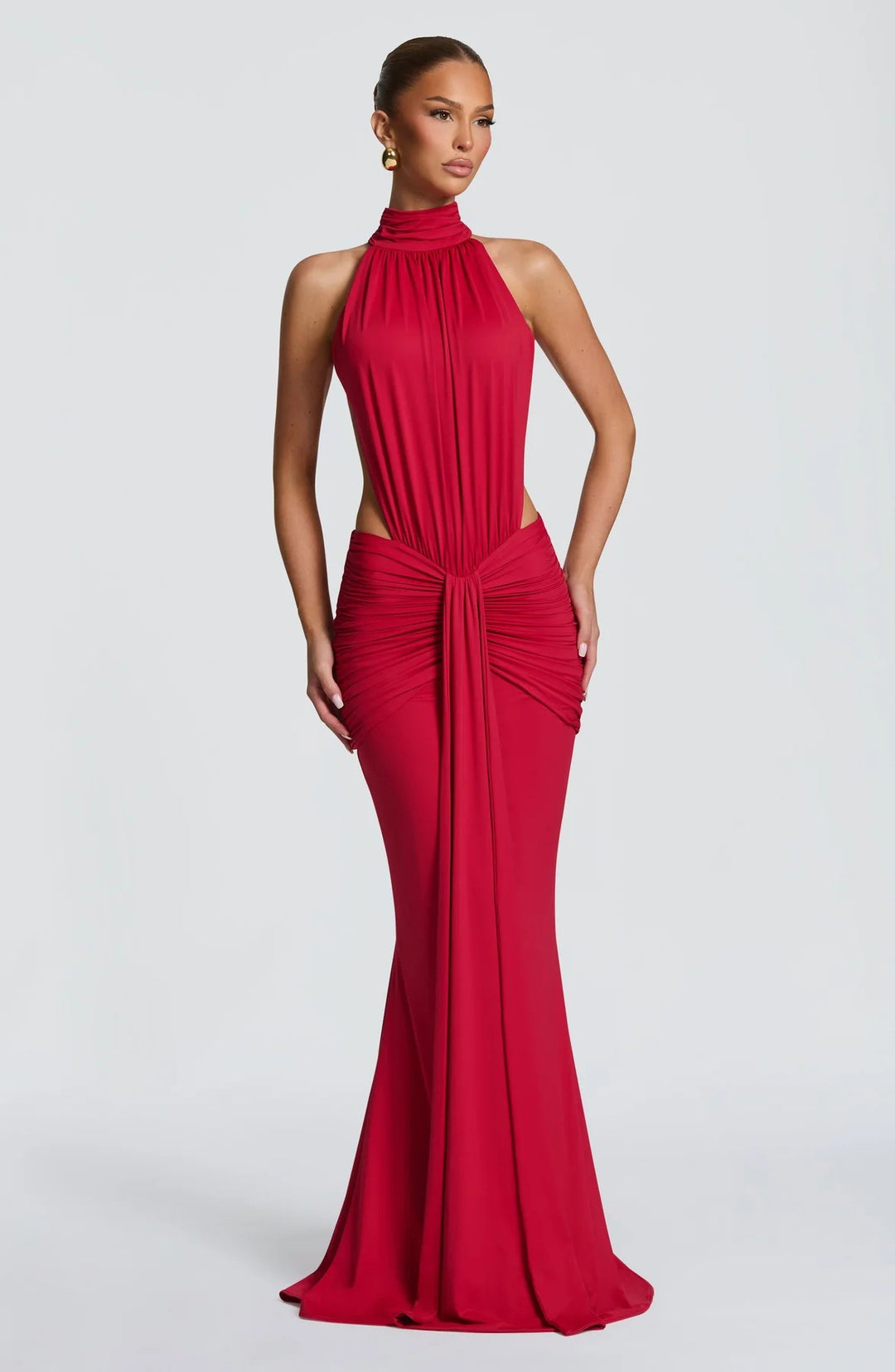Damen Figurbetontes Abendkleid mit Raffungen und hochgeschlossenem Kragen Echo Archiv