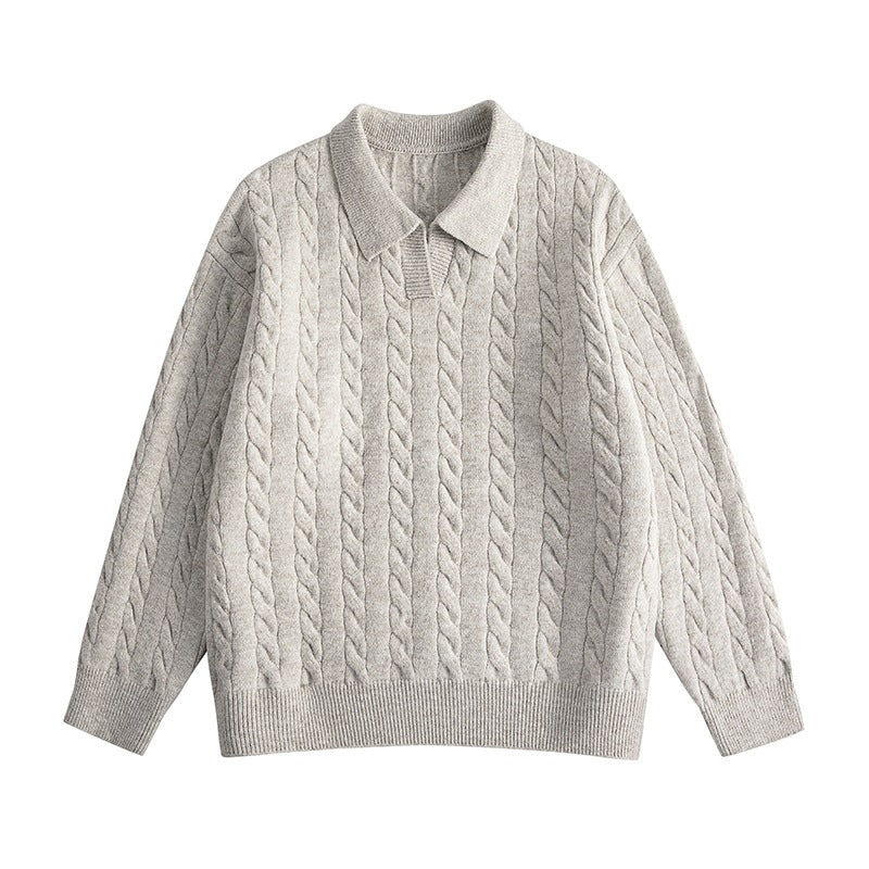 Damen Oversize Kabelstrick-Polo-Pullover mit V‑Ausschnitt und geripptem Saum Echoarchiv