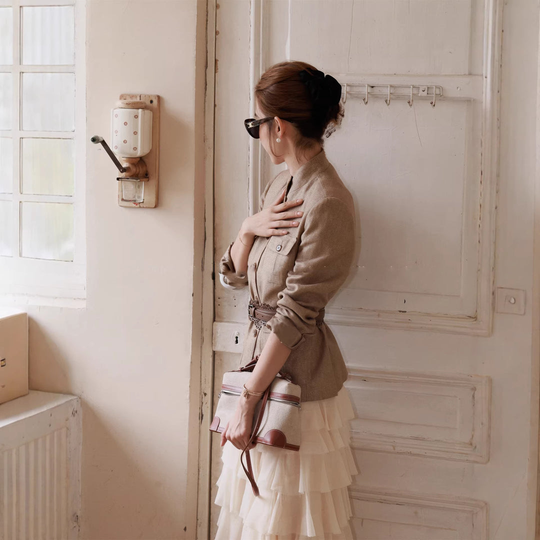 Damen Elegante Leinenjacke mit Taillengürtel Echoarchiv