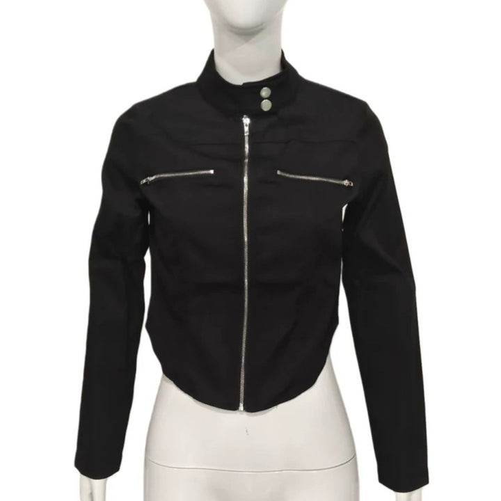 Damen Taillierte Bonded-Canvas-Bikerjacke mit Stehkragen und Brust-Reißverschlüssen Echoarchiv