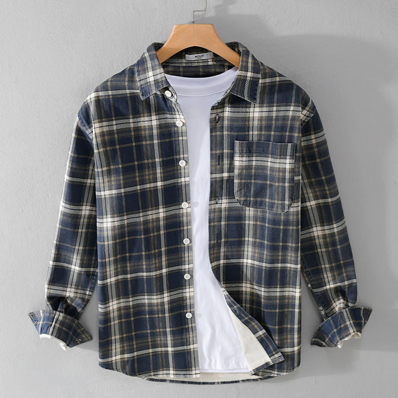 Herren Karierter Flanell-Overshirt im Vintage‑Look mit aufgesetzter Brusttasche und gerundetem Saum Echoarchiv