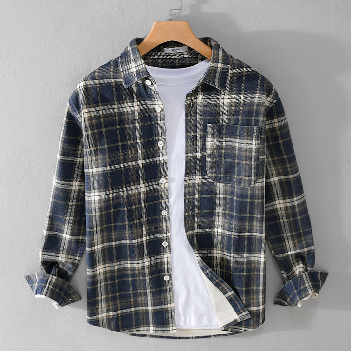 Herren Karierter Flanell-Overshirt im Vintage‑Look mit aufgesetzter Brusttasche und gerundetem Saum Echoarchiv