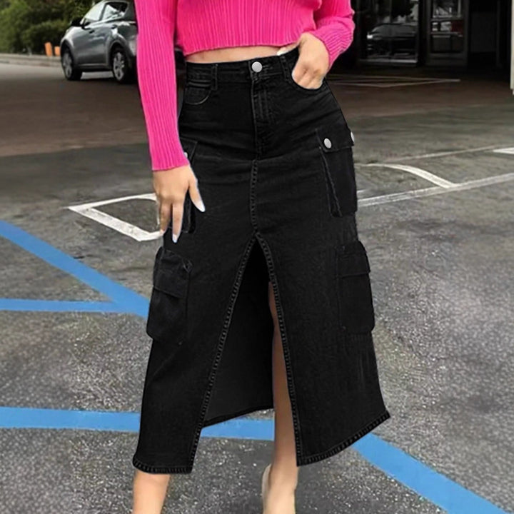 Damen hoher Taillen‑Cargo‑Denim‑Midirock mit Frontschlitz und Pattentaschen Echo Archiv
