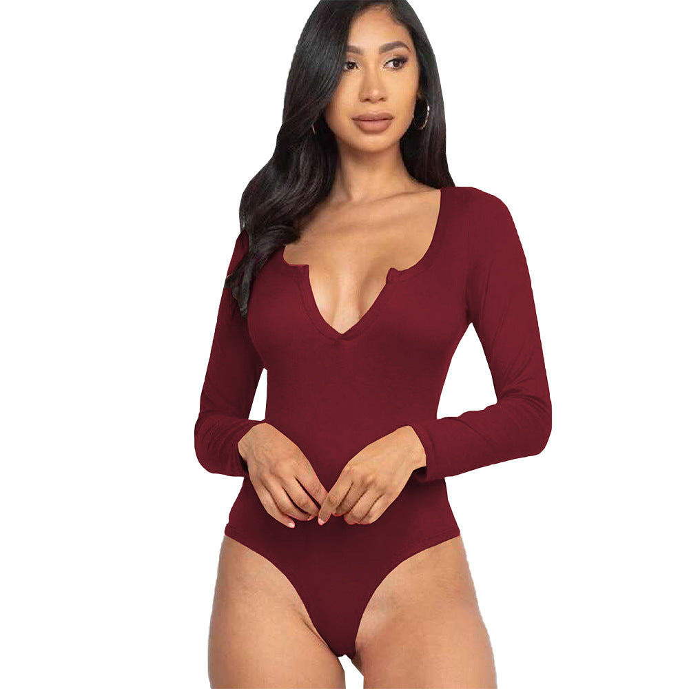 Damen figurbetontes V-Ausschnitt-Stringbody mit langen Ärmeln – Bodéline