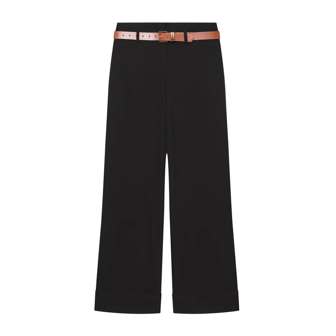 Damen Culotte-Hose mit hohem Bund, weitem Bein, breitem Aufschlag und Gürtelpassanten – Avélisse