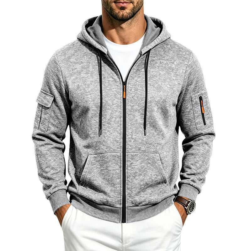 Herren Melierte Zip‑Hoodie‑Jacke mit Utility‑Ärmeltasche und Känguru‑Taschen Echoarchiv