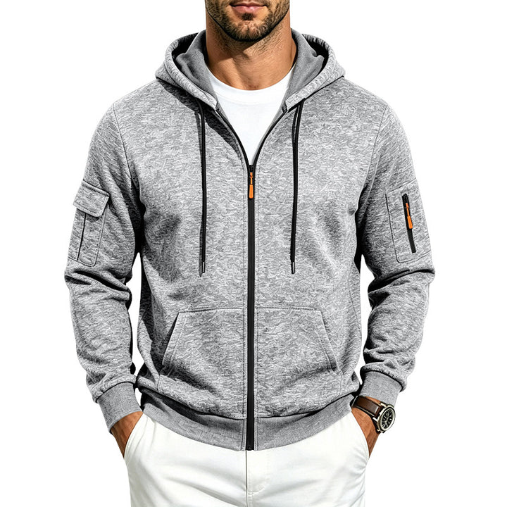 Herren Melierte Zip‑Hoodie‑Jacke mit Utility‑Ärmeltasche und Känguru‑Taschen Echoarchiv