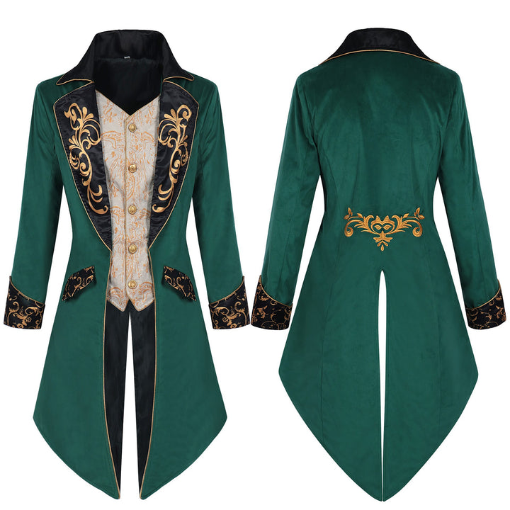 Herren eleganter Frackmantel im Barockstil mit goldbesticktem Revers und geteiltem Schwalbenschwanz – Montaro