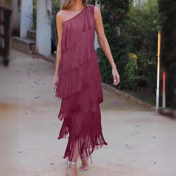 Damen Fransen Maxikleid mit asymmetrischem Schnitt und elegantem Detail Echo Archiv