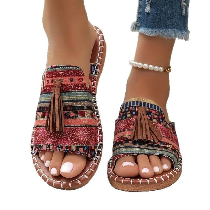 Damen Boho-Ethno-Quasten-Pantoletten mit geflochtener Sohle und gepolstertem Fußbett – Sorelia