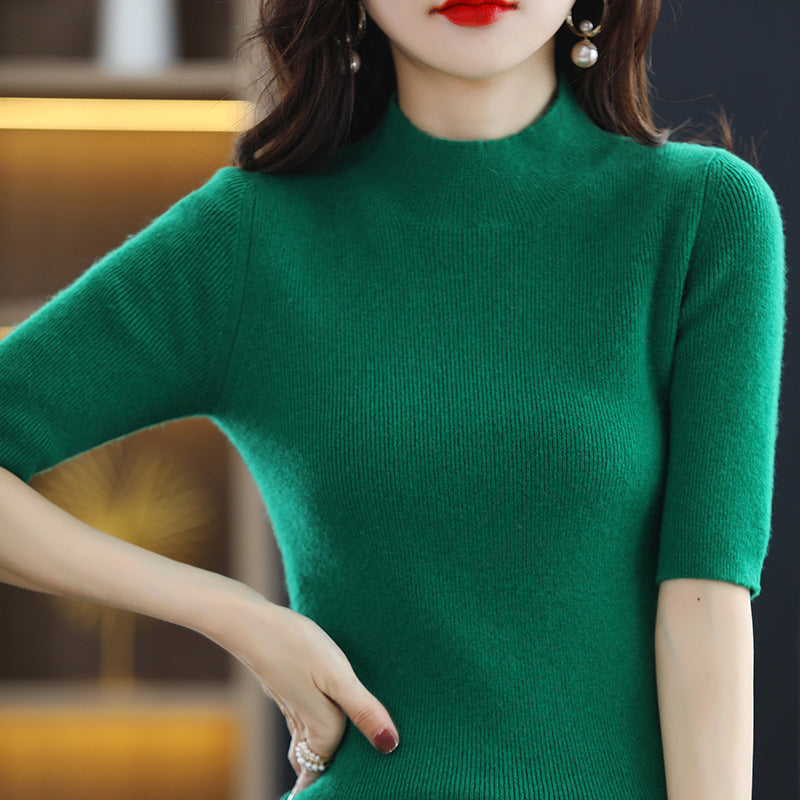 Damen Kurzarm-Feinstrickpullover mit Stehkragen und taillierter Passform Echoarchiv