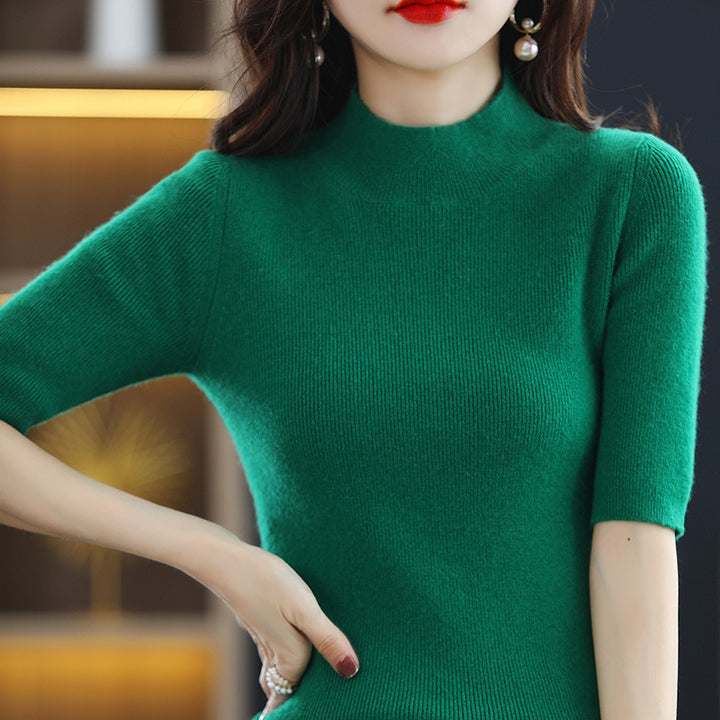 Damen Kurzarm-Feinstrickpullover mit Stehkragen und taillierter Passform Echoarchiv