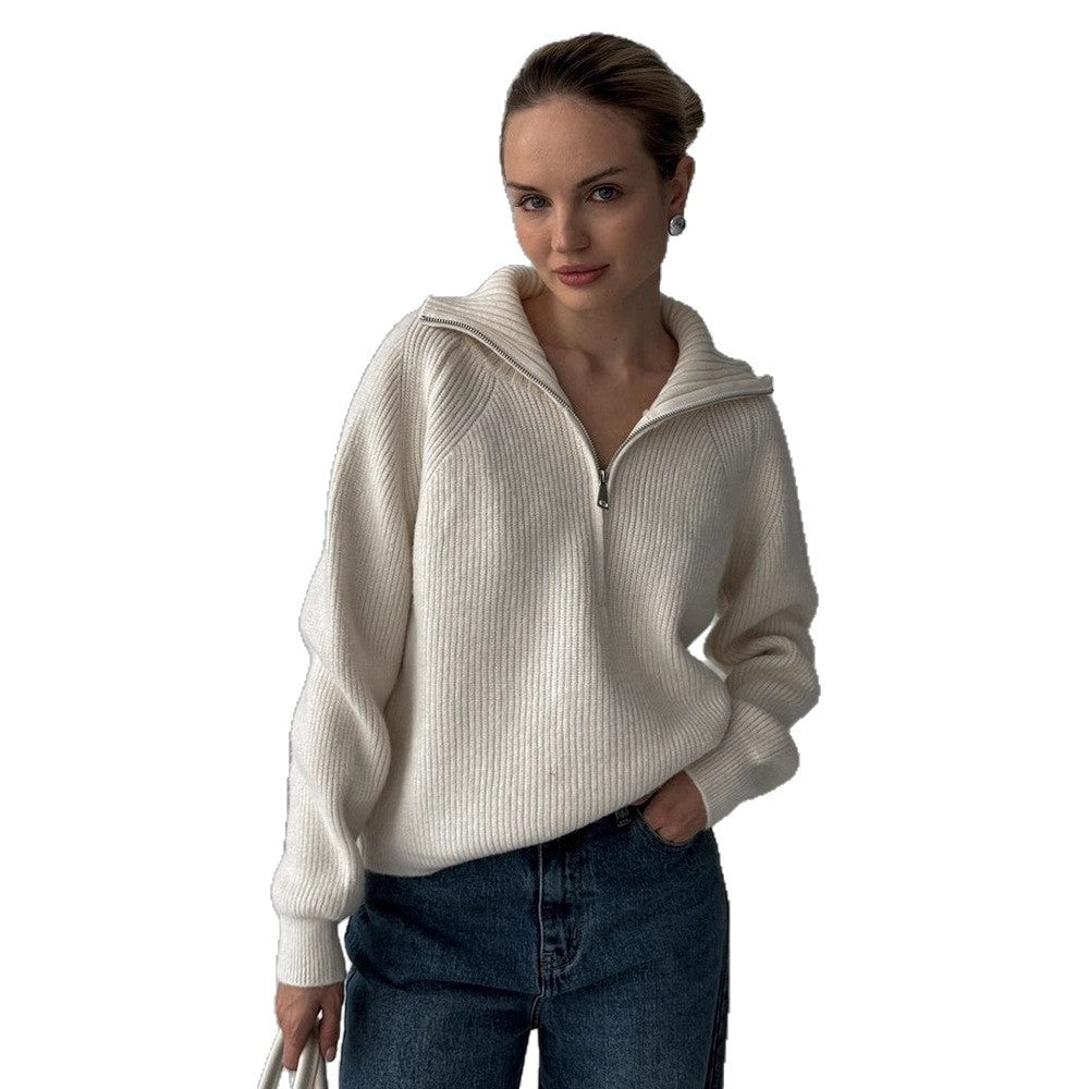 Damen Gerippter Wollmix-Pullover mit halbem Reißverschluss und weitem Stehkragen Echoarchiv