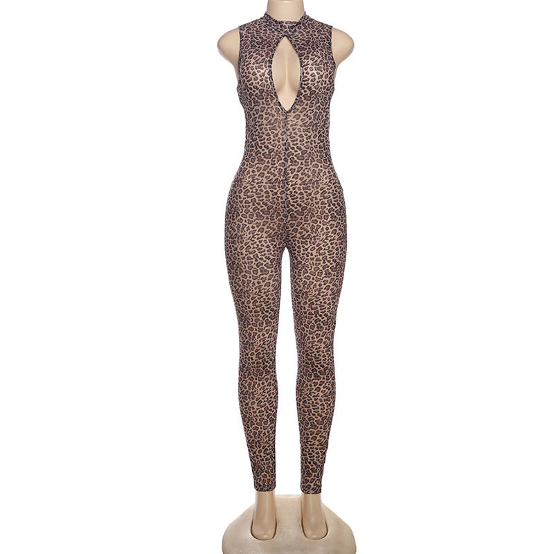 Damen Figurbetonter Jumpsuit mit tiefem Ausschnitt und Leopardenmuster Echo Archiv