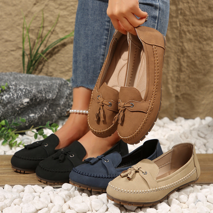 Damen  klassische Mokassin-Slipper mit Quasten, handgenähter Rahmennaht und rutschfester Gummisohle Echo Archiv