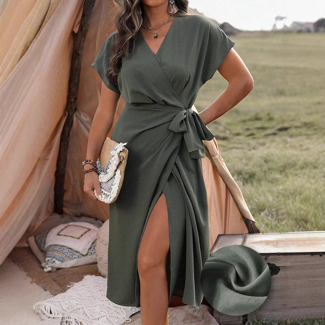 Damen Wickelkleid mit hohem Schlitz und elegantem V-Ausschnitt Echoarchiv