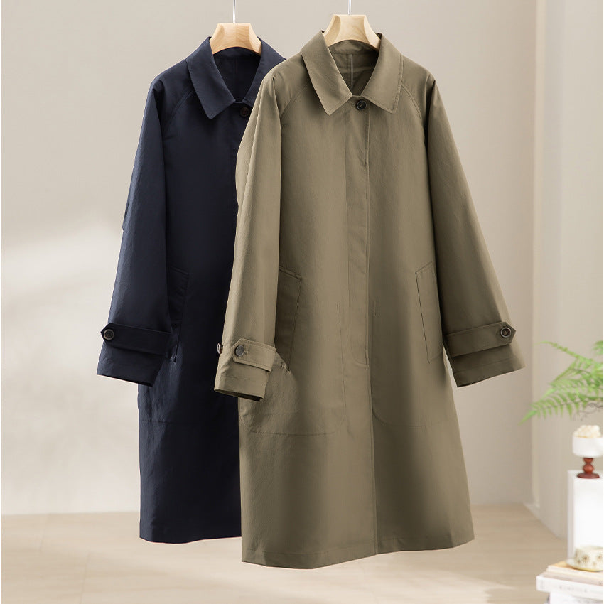 Damen Langer minimalistischer Trenchcoat mit verdeckter Knopfleiste und verstellbaren Manschetten Echoarchiv