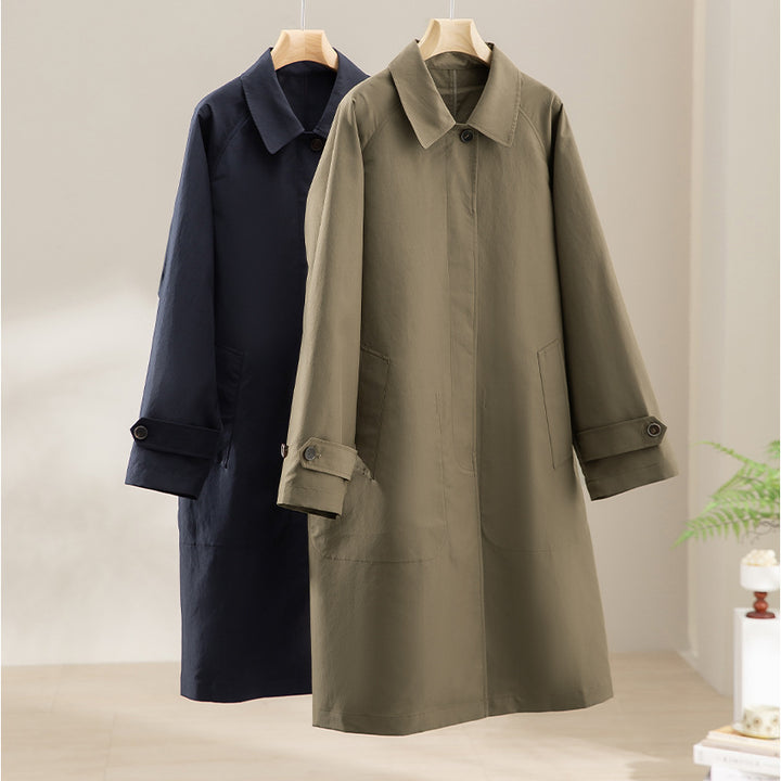 Damen Langer minimalistischer Trenchcoat mit verdeckter Knopfleiste und verstellbaren Manschetten Echoarchiv