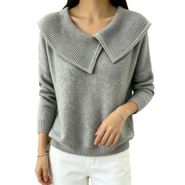 Damen Pullover mit übergroßem Matrosenkragen und Perlenbesatz – Mavelle