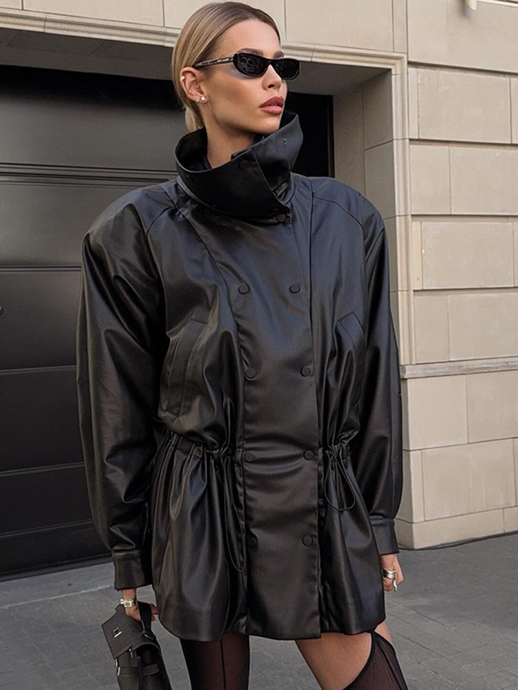Damen Oversize Kunstleder-Parka mit hohem Stehkragen und verstellbarem Kordelzug Echoarchiv