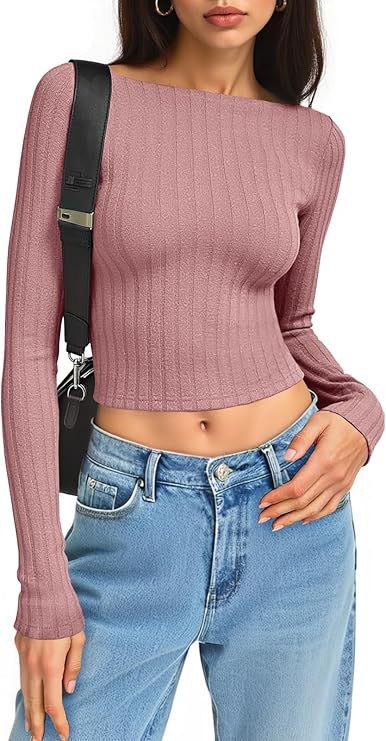 Damen Tailliertes Ripp-Cropped-Longsleeve mit U-Boot-Ausschnitt und Stretch-Baumwollmix Echo Archiv