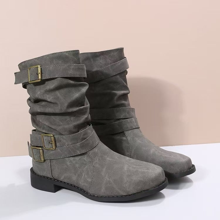 Damen nan lässiger mittlerer Schaftstiefel mit weichem Slouch-Effekt, dekorativen Schnallenriemen und robustem Blockabsatz Echo Archiv